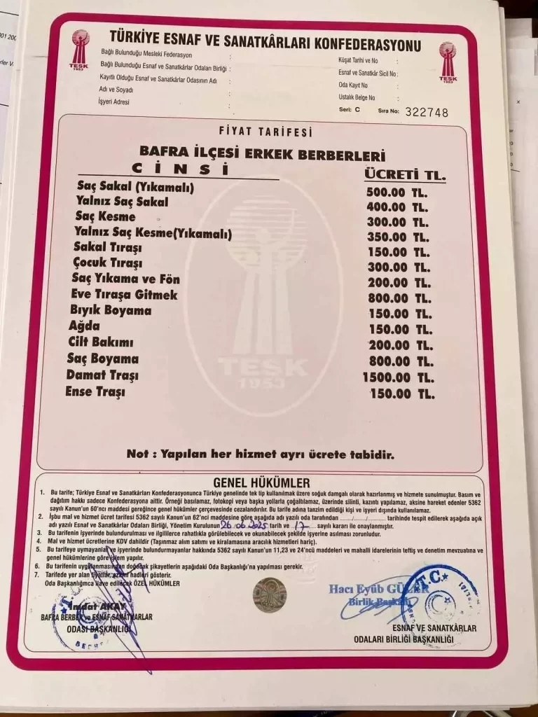 Bafra'da Kuaför ve Berber Tarifeleri Güncellendi